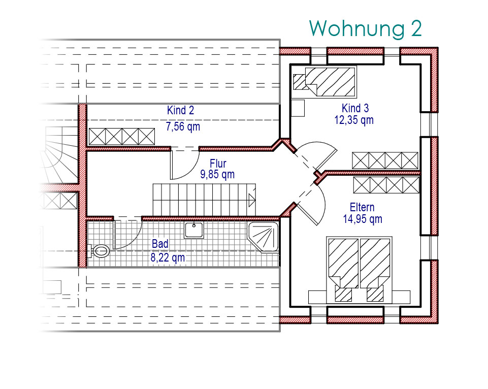 Grundriss Dachgeschoss Wohnung 2, große Ferienwohnung über zwei Etagen